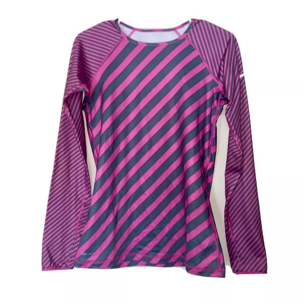 Nike Pro Pink Gray Striped Long Sleeve Dri-Fit Crew Neck Athletic Top Medium M
